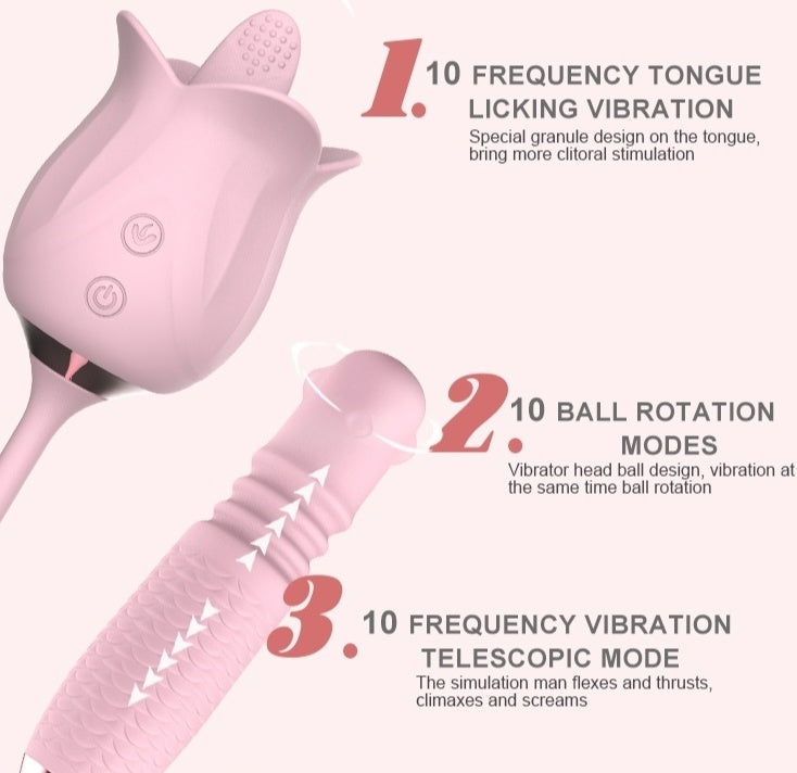 Lurevibes - 3-in-1 Blooming Sexy Pink Rose Toy Rotating Pearls Telescopic Tongue-licking Vibrator Lurevibes