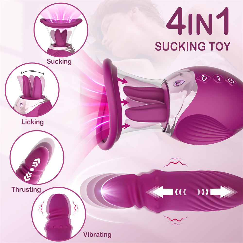 Lurevibes - Rose Sex Toy 4 In1 Tongue Licking Thrusting G Spot Vibrator Clitoral Nipple Sucker Pump Stimulator Lurevibes