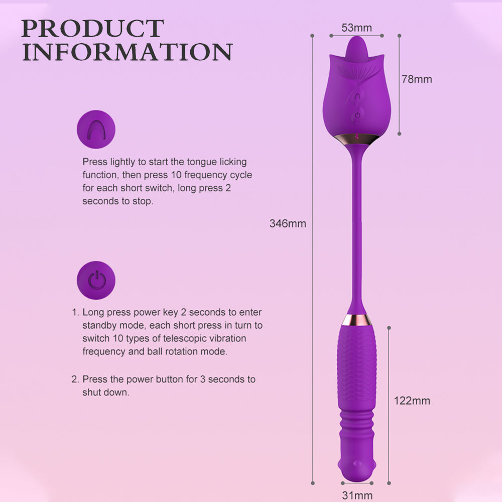 Lurevibes - Purple Rose Toy Rotating Pearls Telescopic Tongue-licking Vibrator Lurevibes