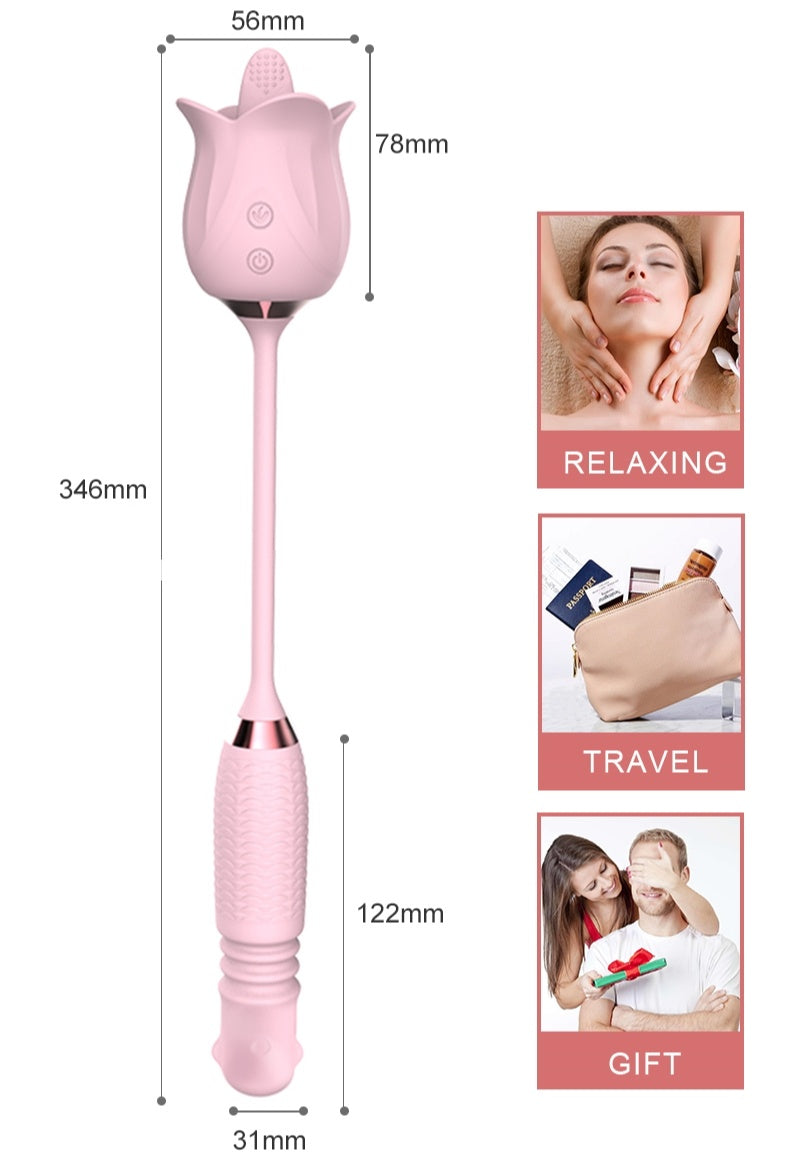 Lurevibes - 3-in-1 Blooming Sexy Pink Rose Toy Rotating Pearls Telescopic Tongue-licking Vibrator Lurevibes