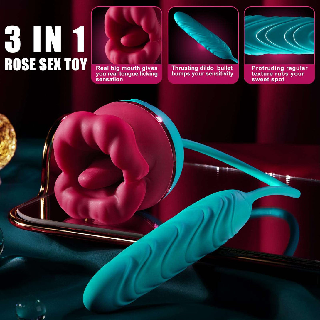 Lurevibes - Big Mouth 3in1 Rose shaped Vibrator With 9 Tongue Licking & 6 Thrusting G Spot Dildo Lurevibes