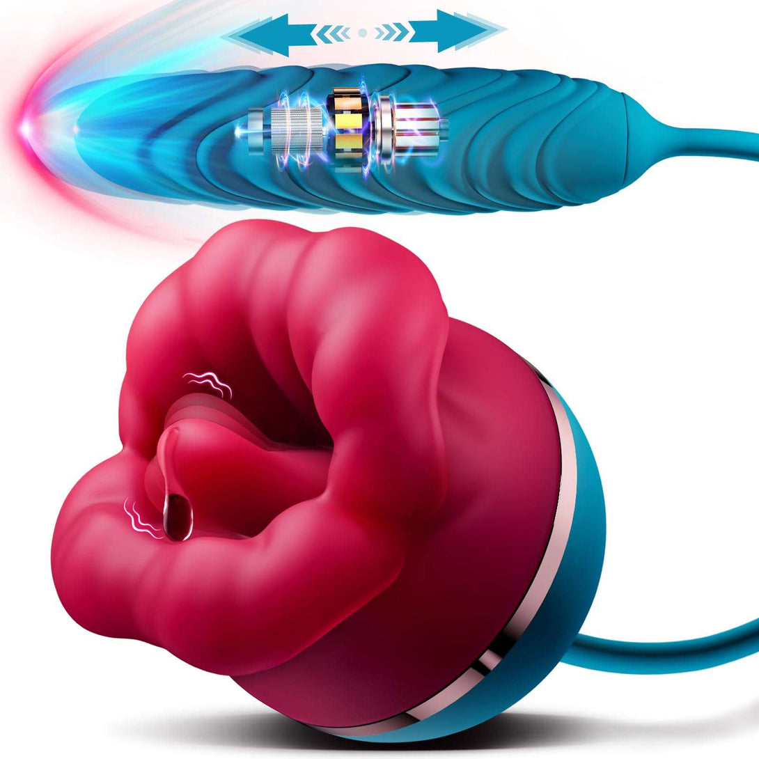 Lurevibes - Big Mouth 3in1 Rose shaped Vibrator With 9 Tongue Licking & 6 Thrusting G Spot Dildo Lurevibes