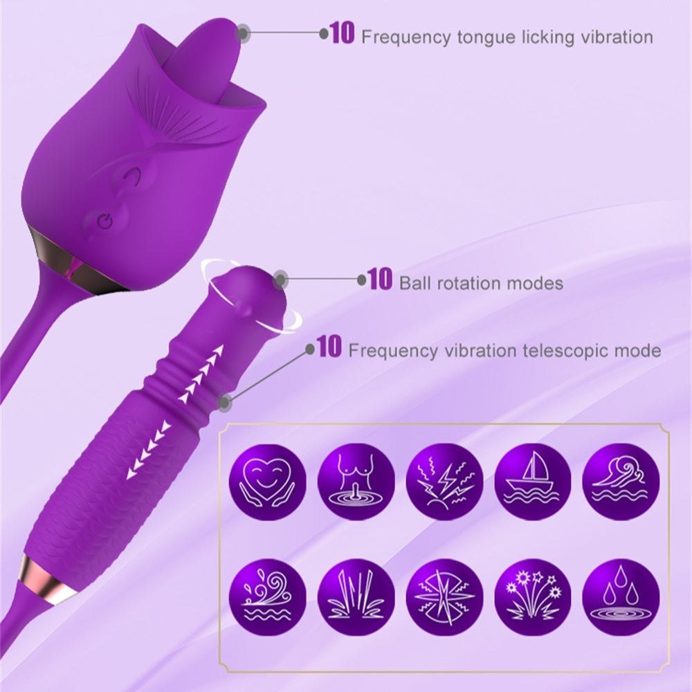 Lurevibes - Purple Rose Toy Rotating Pearls Telescopic Tongue-licking Vibrator Lurevibes