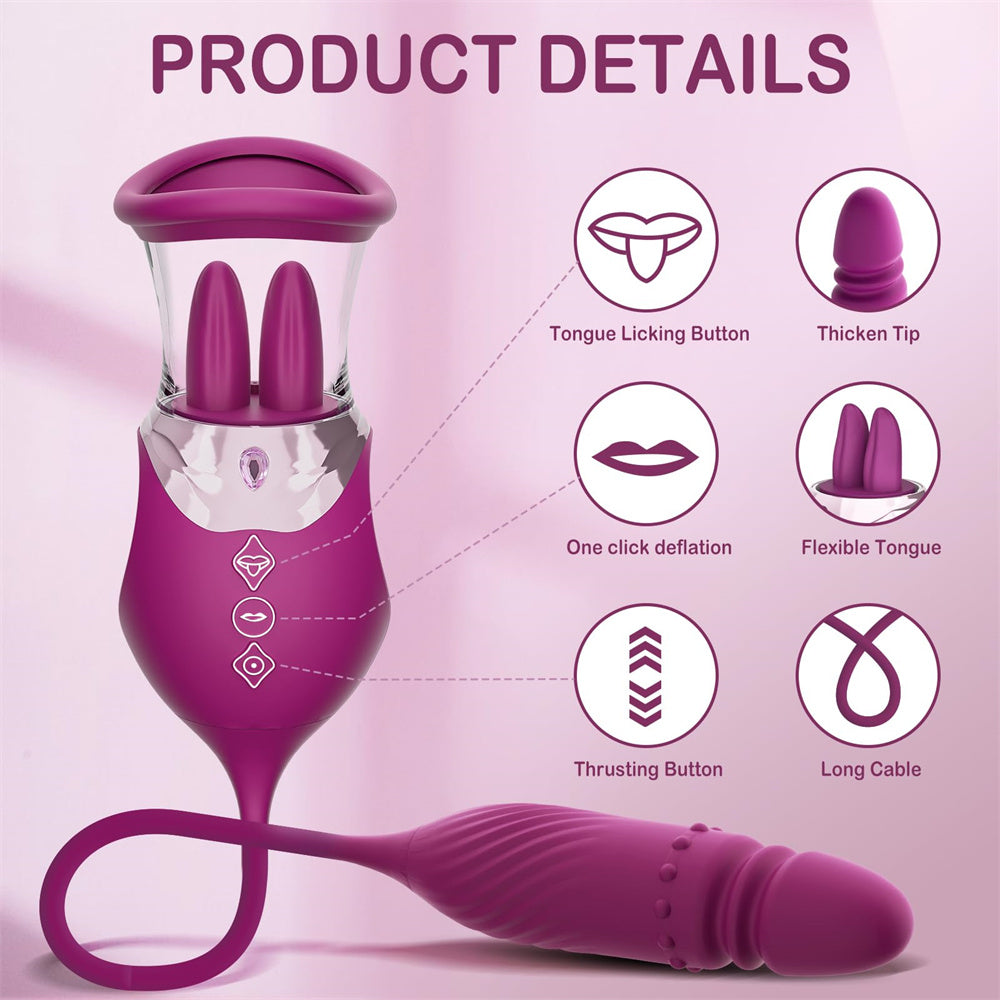 Lurevibes - Rose Sex Toy 4 In1 Tongue Licking Thrusting G Spot Vibrator Clitoral Nipple Sucker Pump Stimulator Lurevibes