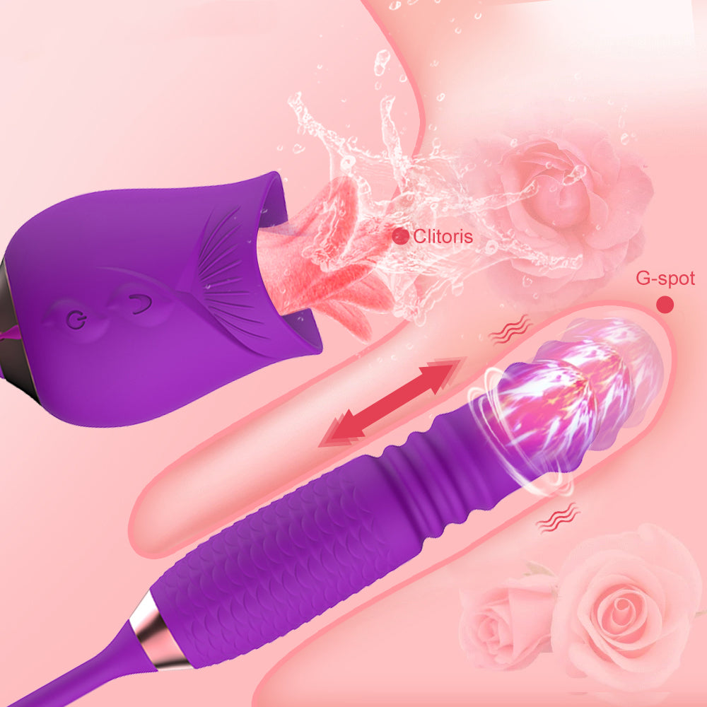 Lurevibes - Purple Rose Toy Rotating Pearls Telescopic Tongue-licking Vibrator Lurevibes